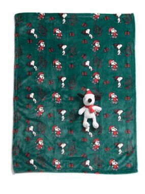 Peanuts Snoopy Christmas Blanket With Plush Toy Set 40 x 30 New Green Santa
